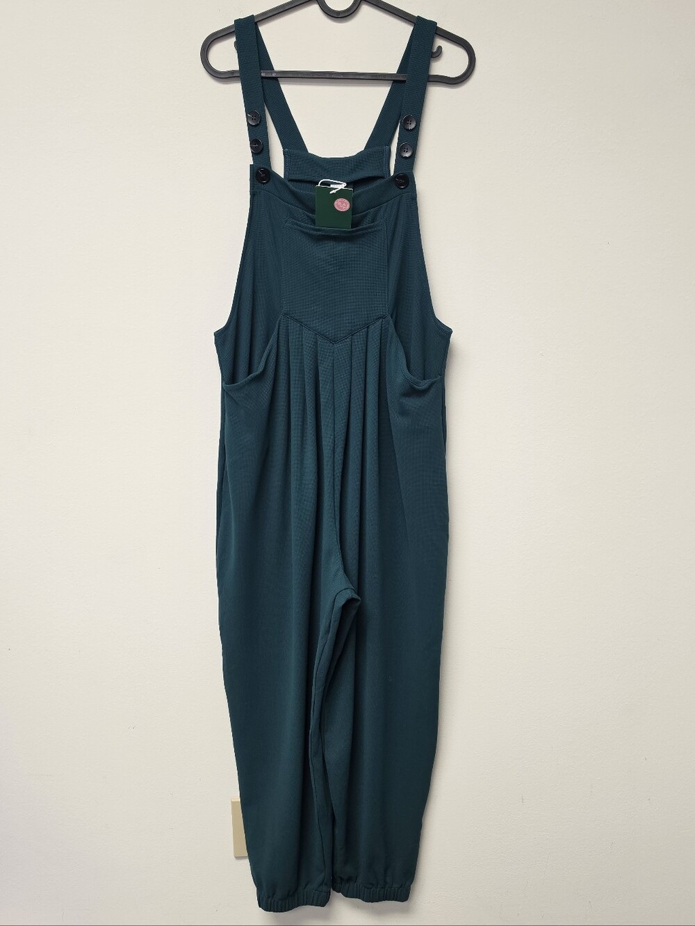 Halara Adjustable Strap Cuffed Waffle Knit Casual Overalls Forest Biome Green M - Picture 9 of 14